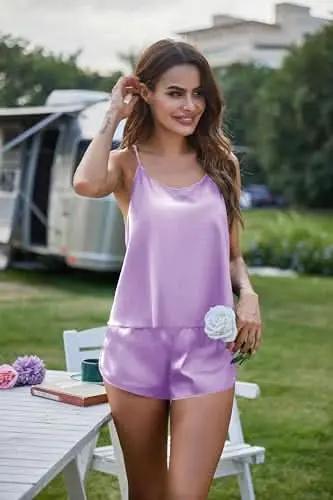 Silk Pajamas Set for Women Satin Backless Lingerie Pjs Cami Top and Shorts Nightwear - Love Salve